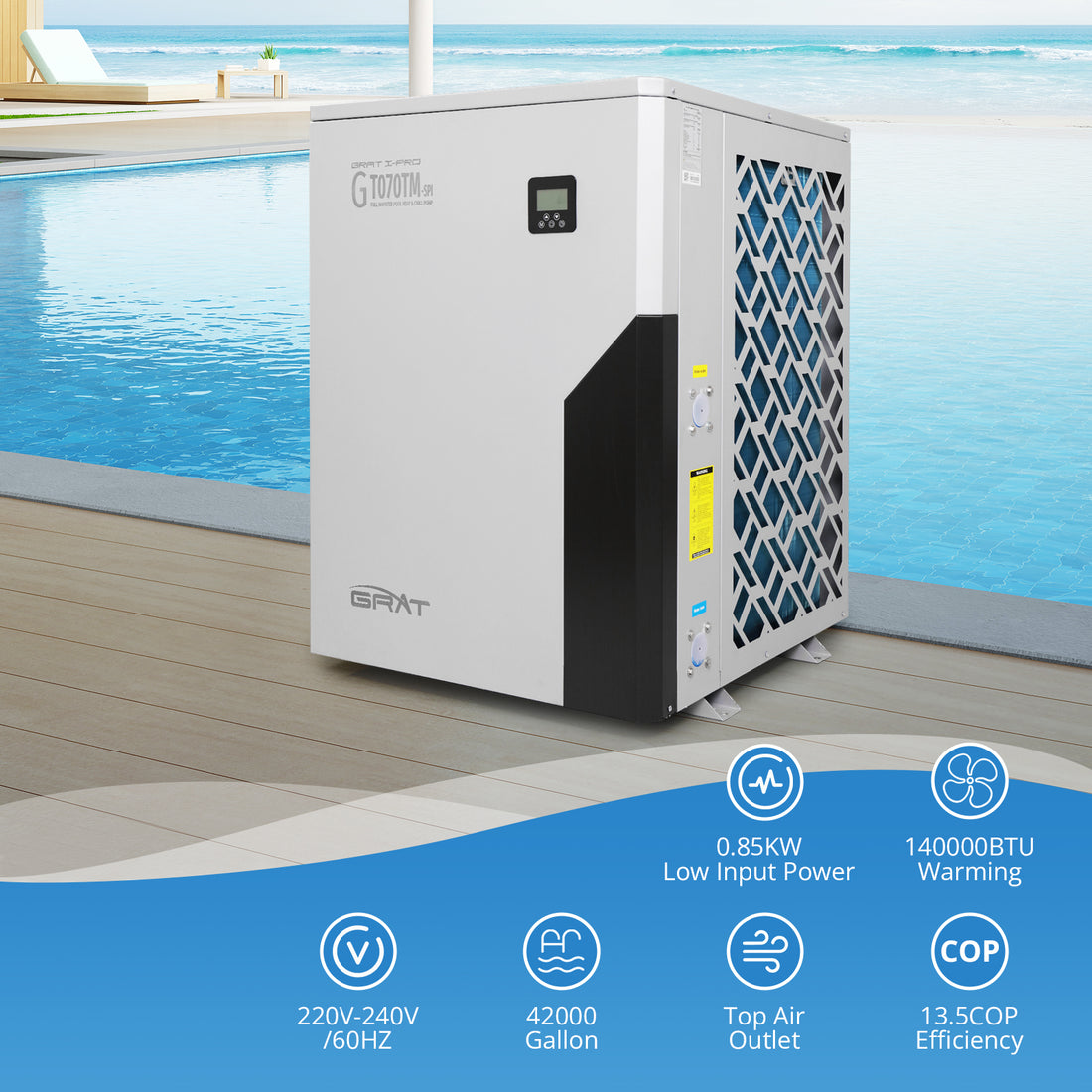 Full Inverter Heat Pump for Hot Tub and Bath, 140,000BTU Swimming Pool Heater, 42000 Gallons, for Above Ground and In ground Pools, WiFi Capable Timer, Heating and Cooling, Defrosting, 220-240V